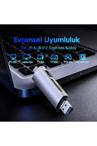 6 Sı 1 Arada Otg Kart Okuyucu Type-c Usb 3.0 Sd / Tf / Usb Çok Fonksiyonlu Adaptör