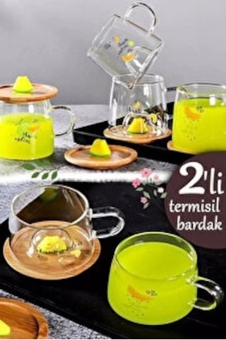 3d Şapkalı Figürlü Baskılı Sıcak Soğuk Borosilikat Cam Meşrubat Kupası Su Çay Bardağı Bambu Kapaklı Sarı