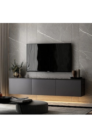Tv Sehpası Norm Duvara Monte Antrasit Mermer Desen Led Işıklı 160