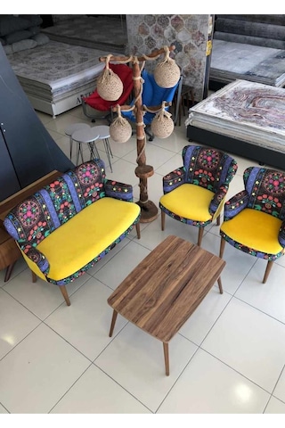 Azra Mobilya Çay Seti Oturma Grubu Oturma Takımı Koltuk Takımı Ahşap Mobilya Takımı Balkon Bahçe Mobilyası Etnik Desen Sarı