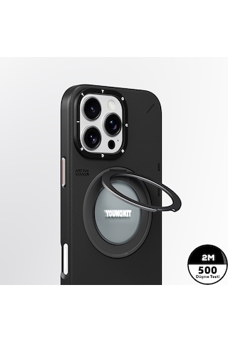 Apple Uyumlu iPhone 16 Pro Max Kılıf Magsafe Özellikli 360 Standlı Deri Desenli Youngkit Tech Leather Seri Siyah