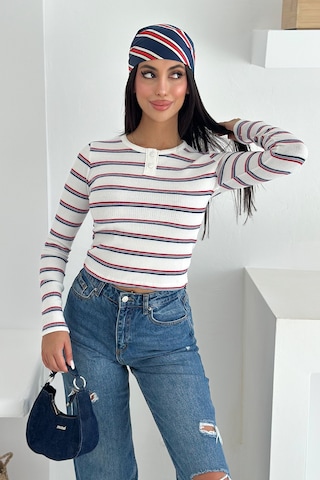 Noa & Noa Kadın Çizgili Düğme Detaylı Bluz Retro Stripe Beyaz
