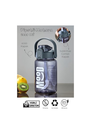 Spor Matarası Suluk - 1000 Ml Pipetli , Kilitli Kapak, Su Sızdırmaz Tasarım - Gri Gri