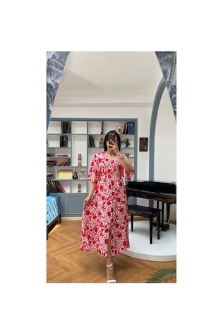 Moda Banuş Kırmızı Önden Yırtmaçlı Elbise 3154