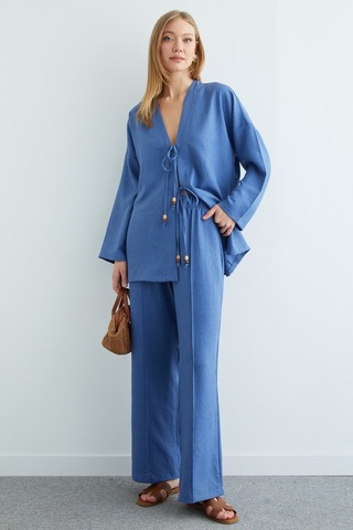 Fullamoda Önü Bağlamalı Keten Kimono 2 Li Takım İndigo