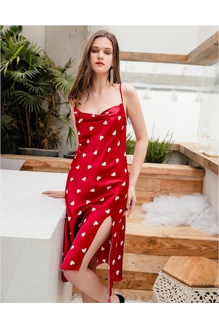 Sones Yaz Aşk-kalp Desenli Gecelik Taklit İpek Uzun Askılı Elbise Bayanlar İçin Kırmızı