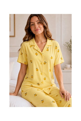 Angbutik Sarı Limon Desenli Kısa Kollu Gömlek Yaka Milan Kumaş Kadın Pijama Takımı