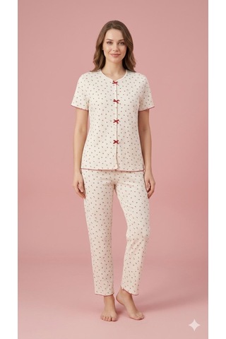 Sleeproom Yazlık Ekru Kiraz Desenli Kısa Kol Penye %100 Pamuk Pijama Takım