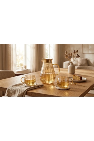 Modern Borosilikat Dilimli 1800 Ml Cam Sürahi Ve 300ml 2li Bardak Çay, Meyve Detoksu Ve Soğuk İçecekler İçin