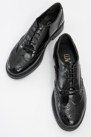 Luvishoes Avra Siyah Rugan Hakiki Deri Kadın Oxford Ayakkabı Siyah-Rugan
