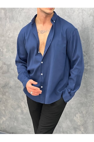 Modefendi Krinkıl Kumaş Oversize Kesim Keten Gömlek Lacivert