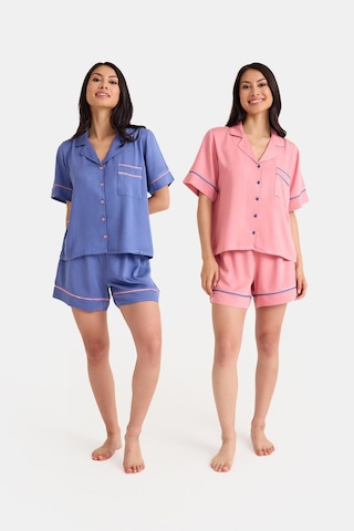 Dream Mavi/pembe Kısa Kollu Şortlu Önden Düğmeli 4 Parça Pijama Takım Set Mavi/pembe