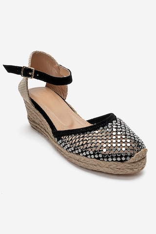 Luvi Shoes Drelıx Siyah Süet Hakiki Deri Taş Detaylı Fileli Kadın Dolgu Topuklu Sandalet