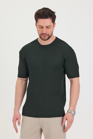 Tarz Cool Erkek Bisiklet Yaka Fitilli Kısa Kollu Ince Triko T-shirt Haki