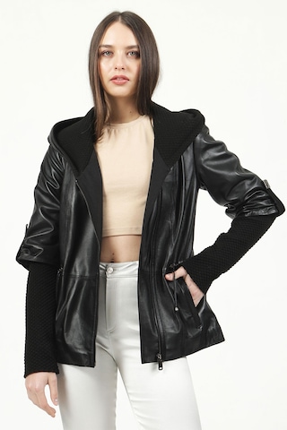 Dericlub Larissa Kadın Kapüşonlu Hakiki Deri Kaban Siyah Siyah