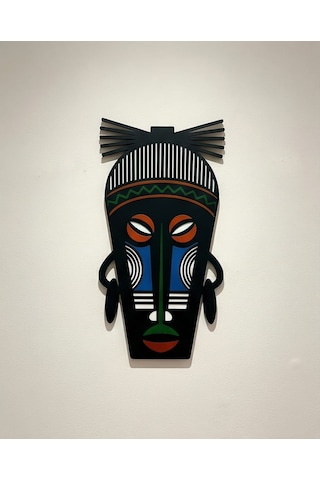 Afrika Tribal Ahşap Duvar Mask Mdf - Siyah Yeşil Mavi Klasik Kabile Maskı 1