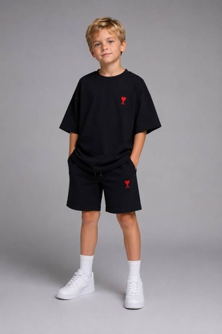 Hzr Wear Erkek Çocuk Premium Oversize Kalın Yumuşak Kumaş Kalp Nakışlı Şort Tişört Takım Siyah