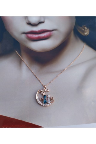 Modahilye 925 Ayar Gümüş Yıldızları Seyreden Kedi Tasarım Aşk Rozegold Kolye Rose Gold