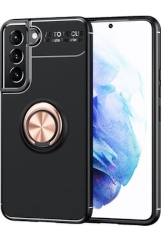Samsung Galaxy Uyumlu S22 Plus Ultra Koruma Sağlayan Stant Özellikli Yüzüklü Ravel Silikon Kılıf Siyah - Rose Gold
