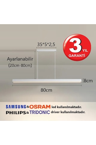 Linear Magro 80cm Beyaz Kasa Sarkıt Modern Led Avize, Salon, Mutfak, Ofis, Mağaza, Masa Üstü Led Beyaz