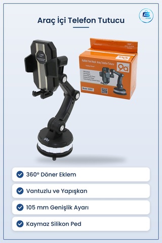 Araç İçi Telefon Tutucu Döner Eklemli Vantuzlu İla 105 Mm Geniş