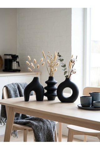 Kaveld Trio Forma El Yapımı 3'lü Dekoratif Vazo Seti, Kemer + Yığma Halka + Donut Form Mermer Tozu & Beton Minimalist Kuru Çiçek Vazosu Siyah