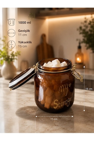Morponi 3'lü Lüks Amber Klipsli Vakumlu Kapaklı Cam Kare Erzak Kavanozu Seti 1000 Ml