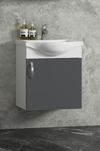Yıldız 45 Cm Beyaz-antrasit Gri Mat Mdf Seramik Lavabolu Asma Banyo Alt Dolabı