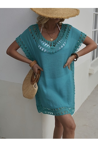 Düz Renk Tığ İşi V Yaka Ultra Rahat Kesim Plaj Elbisesi Mavi
