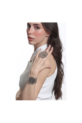 Labalaba Kadın Antik Gümüş Kaplama Ayarlanabilir Geniş Band Örümcek Ağı Figürlü Bileklik & Yüzük Set Gümüş