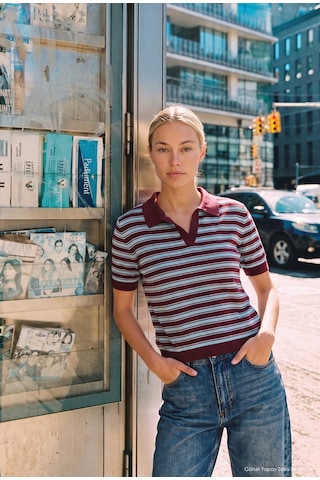 Kadın Bordo Çizgili W6-35 Oversize Polo Yaka Triko
