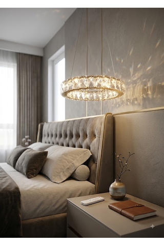 Ala Lighting Plaket Kristal Taş İşlemeli Gold Paslanmaz Tekli Led Avize - Kumandalı 3 Renk Altın - Gold