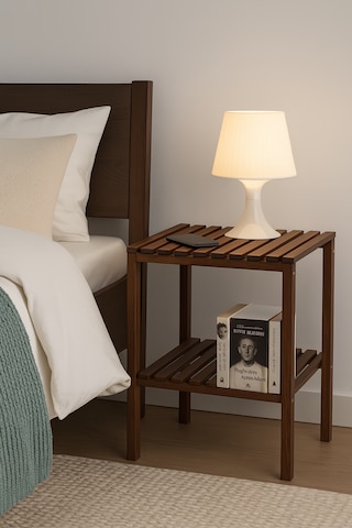 Masif Ahşap İki Raflı Komodin, Modern Yatak Odası Yan Sehpa Kahverengi