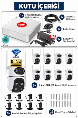 İcsee16 Kameralı 8 Adet 6mp Dual Lens Kamera Ve Nvr Güvenlik Kamera Seti