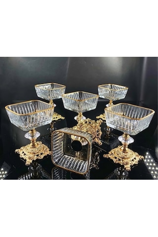 Assa Bazaar 6 Adet Gold Ayaklı Cam Magnolia Kase Dondurmalık Şekerlik Tatlı Sunumluk Altın