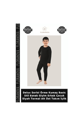 Floranova Delux Serisi Örme Kumaş Basic Stil Esnek Giyim Erkek Çocuk Siyah Termal Alt Üst Takım İçlik