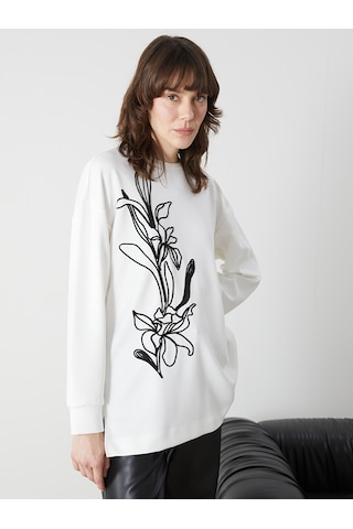 Lcwaıkıkı Classic Beyaz Bisiklet Yaka Baskılı Oversize Kadın Tunik