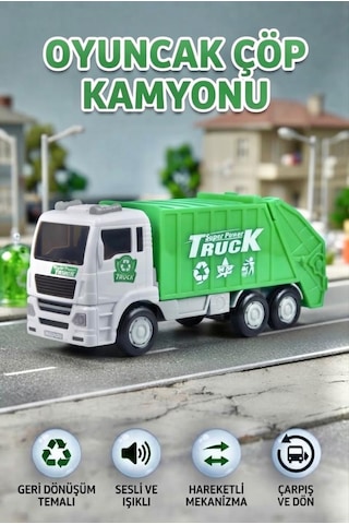 Oyuncak Çöp Kamyonu Sesli Işıklı Çarp Dön Özellikli Hareketli Çöp Arabası 1/20 Ölçek 25 Cm
