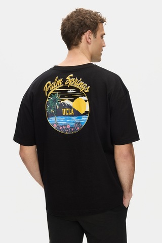 Ucla Kaıus Siyah Bisiklet Yaka Baskılı Ve Nakışlı %100 Pamuk Oversize Erkek Tshirt