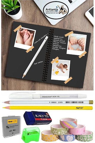 Telli Siyah Defter A5 40 Yaprak Eskiz Fotoğraf Albümü Simli Bant Sarı Beyaz Kurşun Jel Kalem Sigi Kalemtarş Hamur Silgi