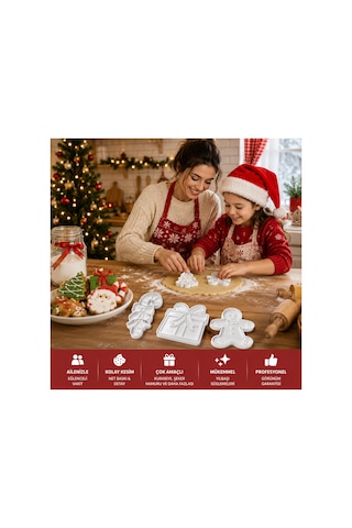 5'li Yılbaşı Konseptli Kurabiye Ve Şeker Hamuru Kalıbı Seti - Noel Baba, Çam Ağacı, Kurabiye Adam, Hediye Paketi, Baston Şeker
