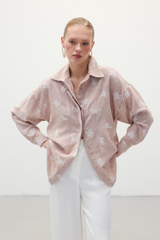 Sateen Salaş Nakışlı Gömlek - Pudra-136253 Pudra