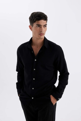 Defacto Siyah Modern Fit Modern Kesim Polo Yaka Düz Pamuklu Uzun Kollu Gömlek D1629AX24AUBK81 Siyah