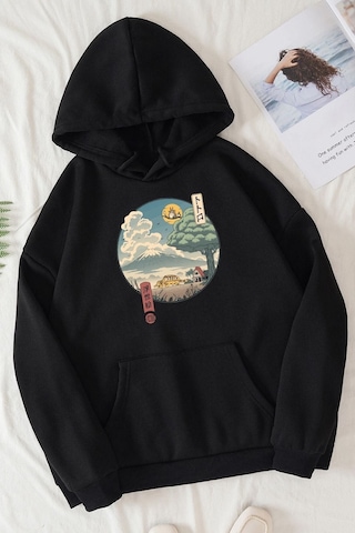 Uyguntarz Unisex Neighbor's Ukiyo E Baskılı Bisiklet Yaka Sweatshirt Siyah