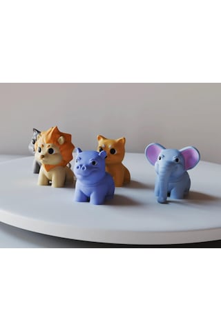 Renkli Mini Hayvan Figürleri Seti - Aslan, Kedi, Köpek, Fil, Su Aygırı Küçük Boy 5'li Paket