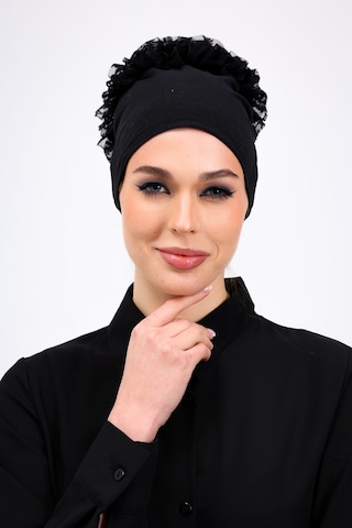 Loggia Fırfırlı Dikişsiz Penye Bone Siyah - Kadın Tesettür Bağlamalı Topuz İç Bone Siyah