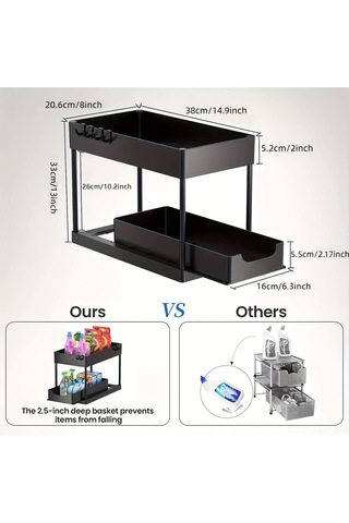 Geeroyoo Sıvıya Dayanıklı Çekmeceli Depolama Rafı, Çift Katlı Tasarım, Mutfak/banyo Kullanıma Uygun, 2 Çubukluk + 5 Kanca Hediyeli, Siyah H-tipi Siyah