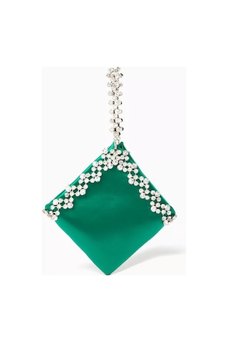 L Afshar L Afshar Karla Evening Bag Yeşil Saten, Kristal Detaylı Işıltılı Gece Çantası Portföy Çanta 20bat