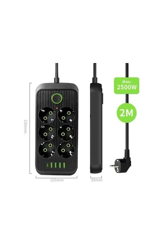 6 Soket 4 Usb 1 Pd Şarj Termal Akım Korumalı Priz 2 Metre Kablo Çoklu Priz 6 Lı Priz 2 M