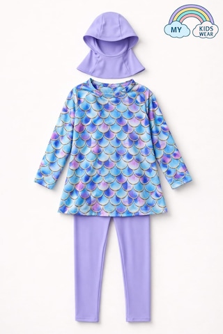 My Kids Wear Kız Çocuk Tesettür Mayo 3 Lü Takım Üst + Tayt + Bone 12569 Lila